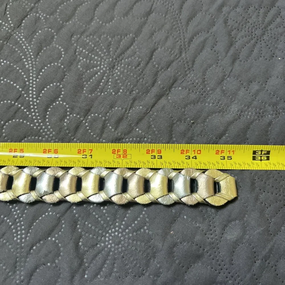 Vintage 70's Belt Adjustable Leather Metallic Glam Wrap Chain Gold Bronze Cream